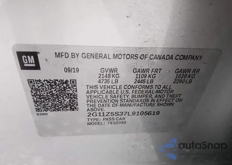 2020 Chevrolet Impala Fwd Lt from USA, damaged, VIN 2G11Z5S37L9105619